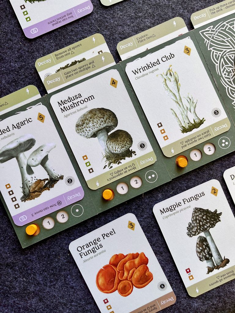 Mycelia player pieces and triangular nutrient map tiles