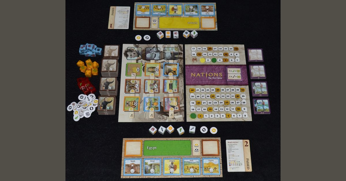 Nations The Dice Game civilization boards and progress tiles