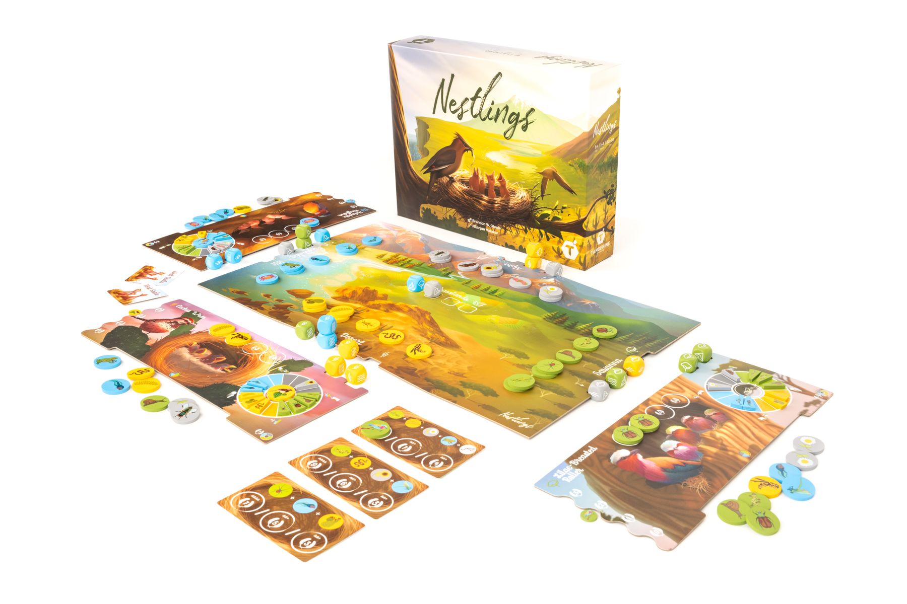 Nestlings box with game components spread out