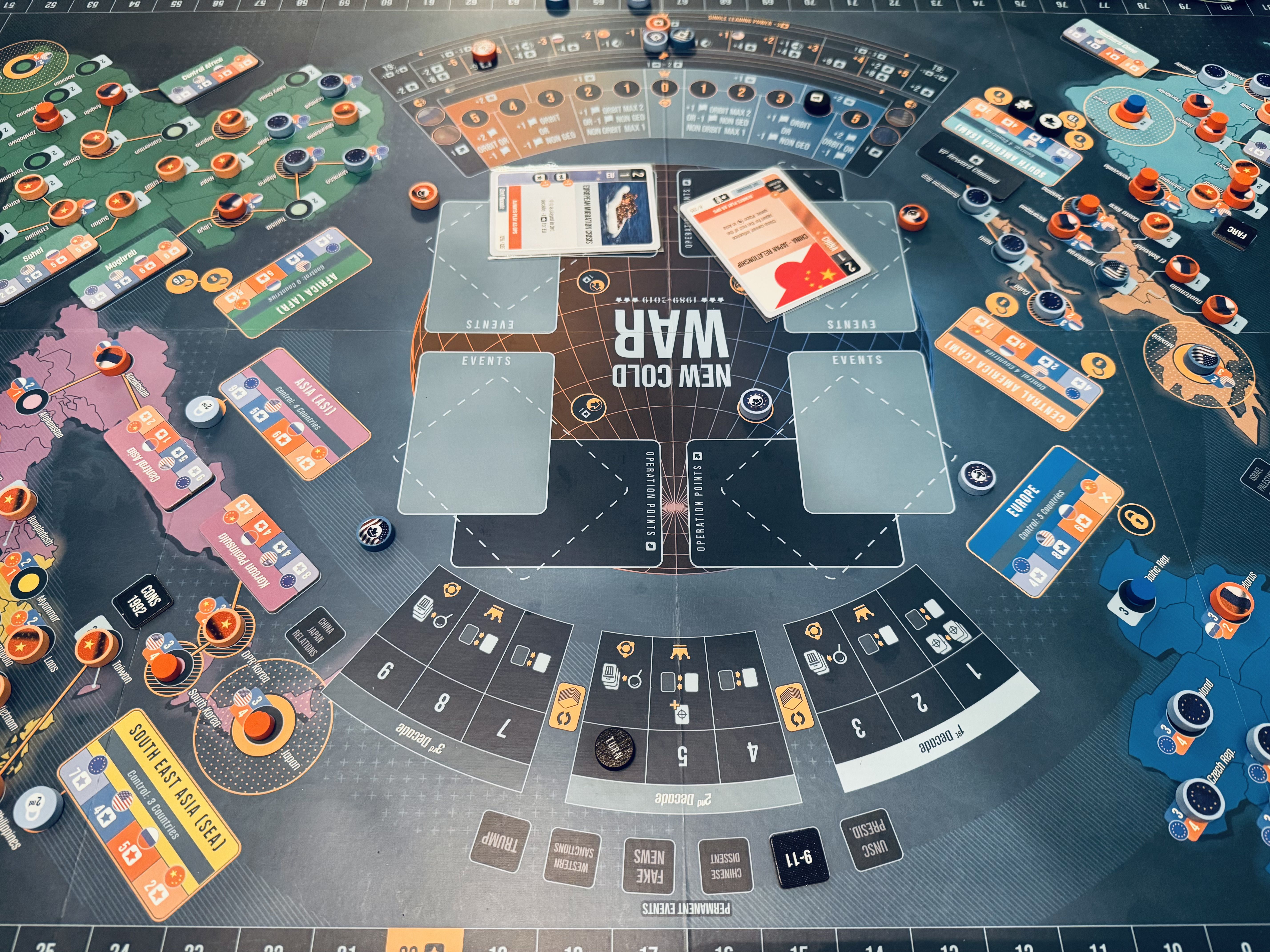 New Cold War global board with cards and markers