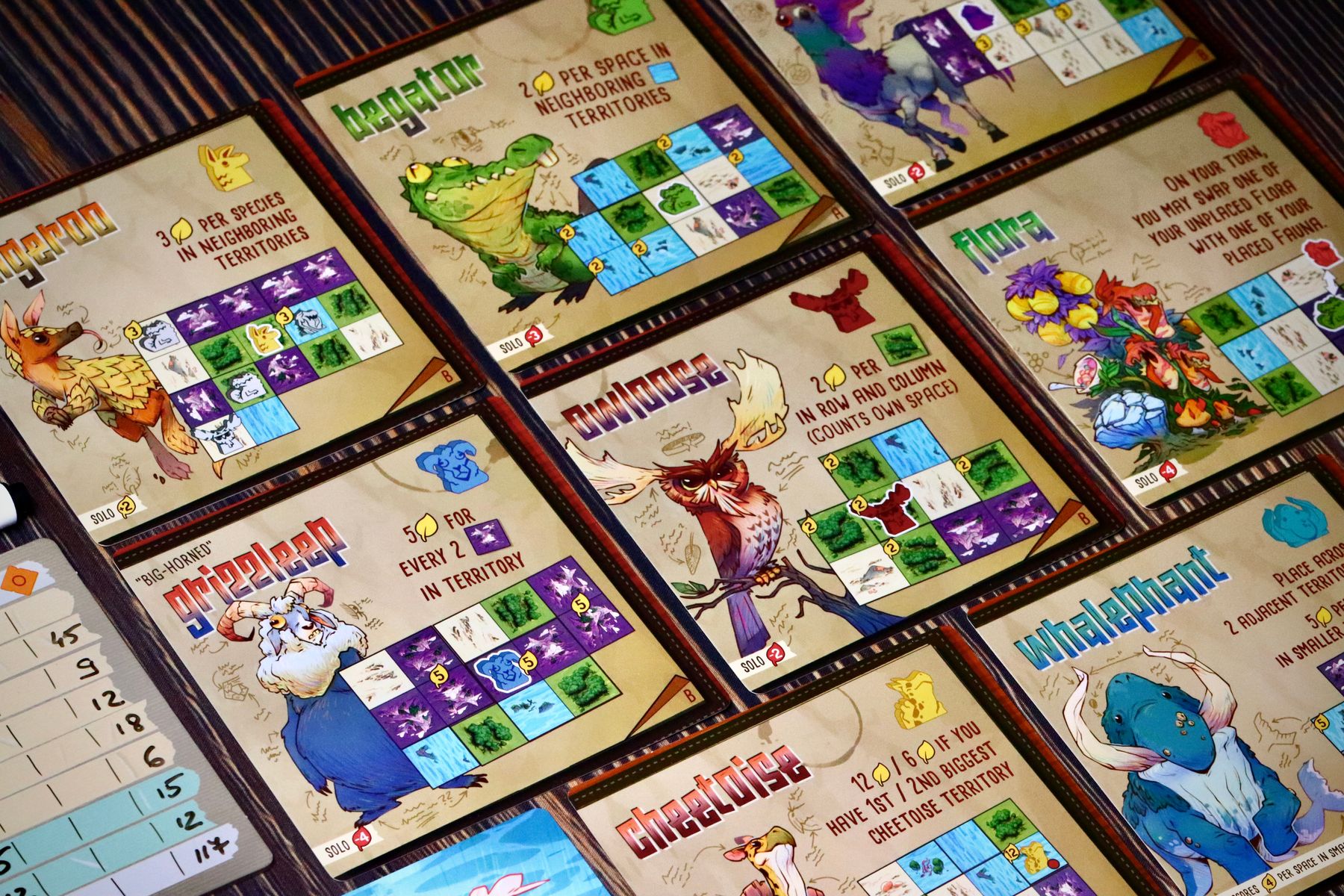 Oddland terrain cards and pieces arranged for play