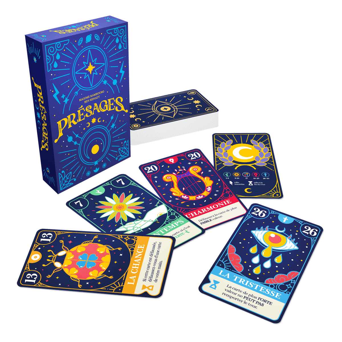 Omens cards, player aids, and box contents