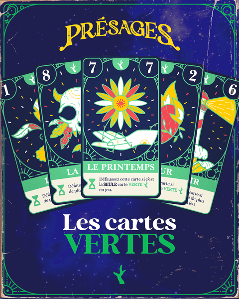 Green Omens cards with illustrated powers