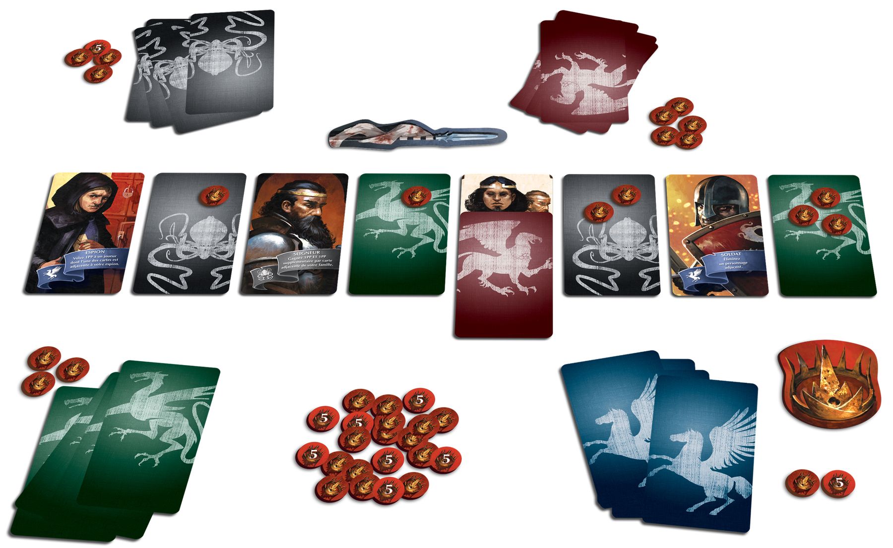 Oriflamme cards arranged in the shared action line