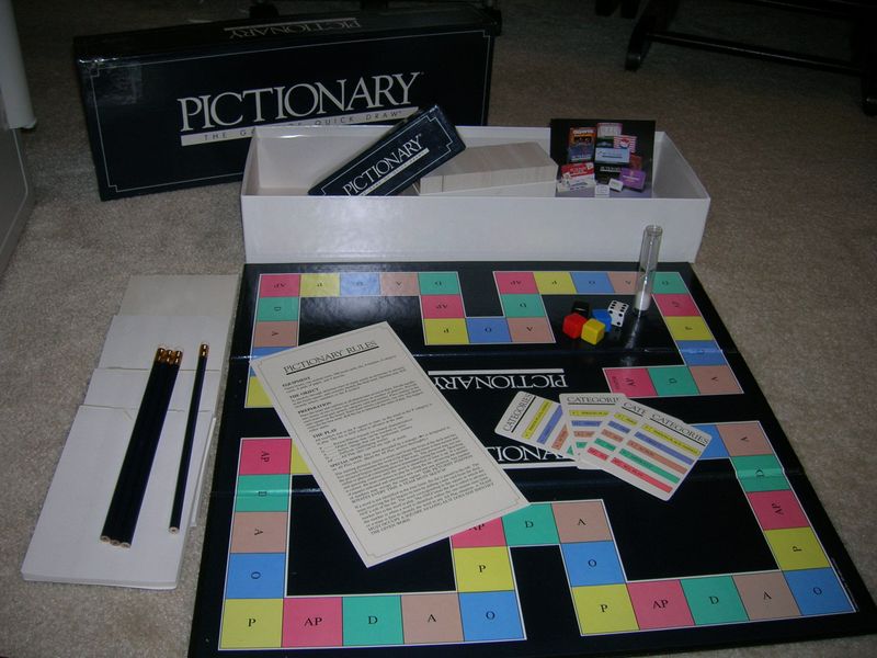 Pictionary box and game components