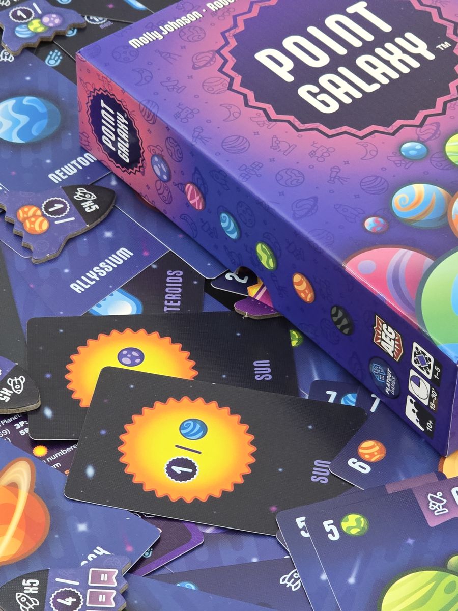 Point Galaxy board game cards rocket tokens player aids and scorepad