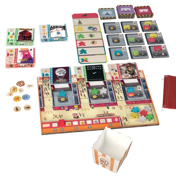 Popcorn board game components arranged on a table
