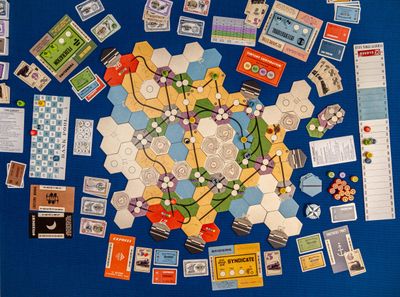 Five-player promotional setup for Railways of the Lost Atlas