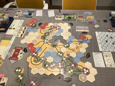 Four-player game of Railways of the Lost Atlas in progress