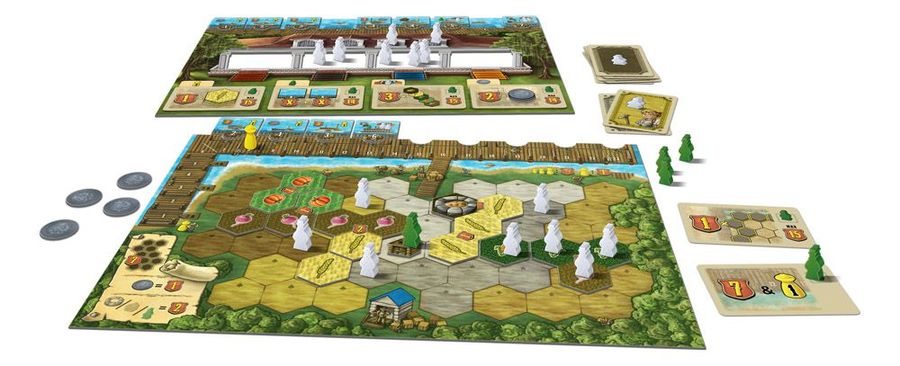 Riverboat player board with workers crops barns and wells
