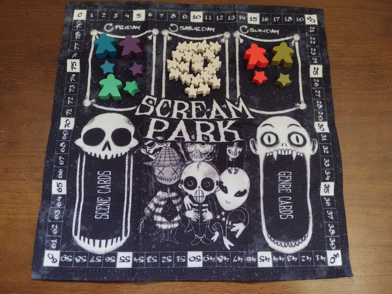 Scream Park cloth board wooden staff tokens and VIP meeples