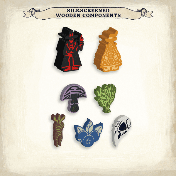 Septima silkscreened wooden witch hunter and patient pieces