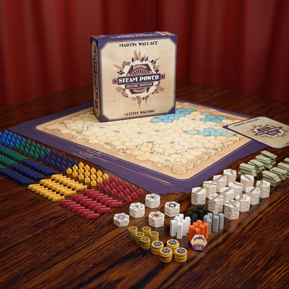 Steam Power board game set up on a table