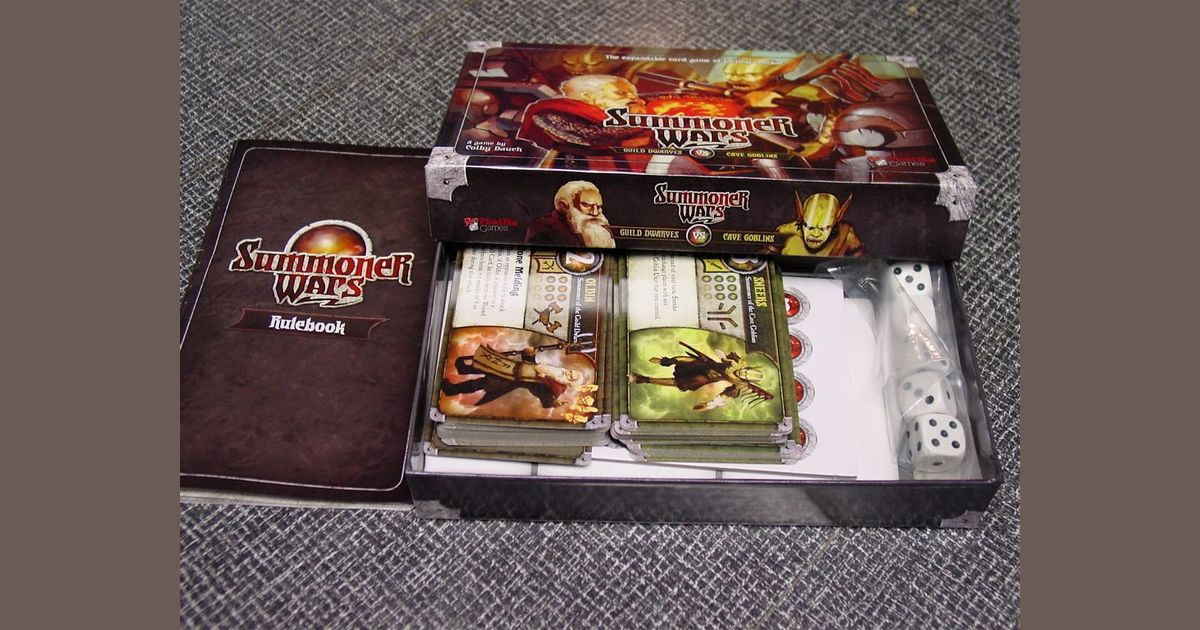 Summoner Wars first-edition battlefield set up for play