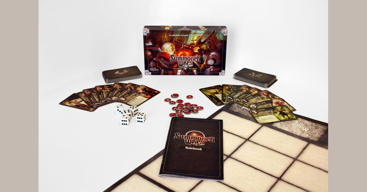 Contents of the Summoner Wars Guild Dwarves vs Cave Goblins starter set