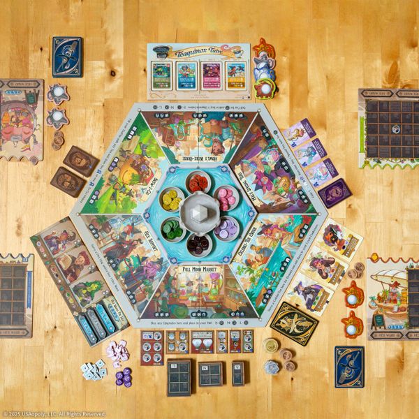 Tea Witches game in progress with boards and tea tokens