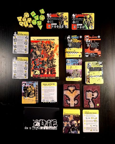 The Dungenerator cards and polyhedral dice