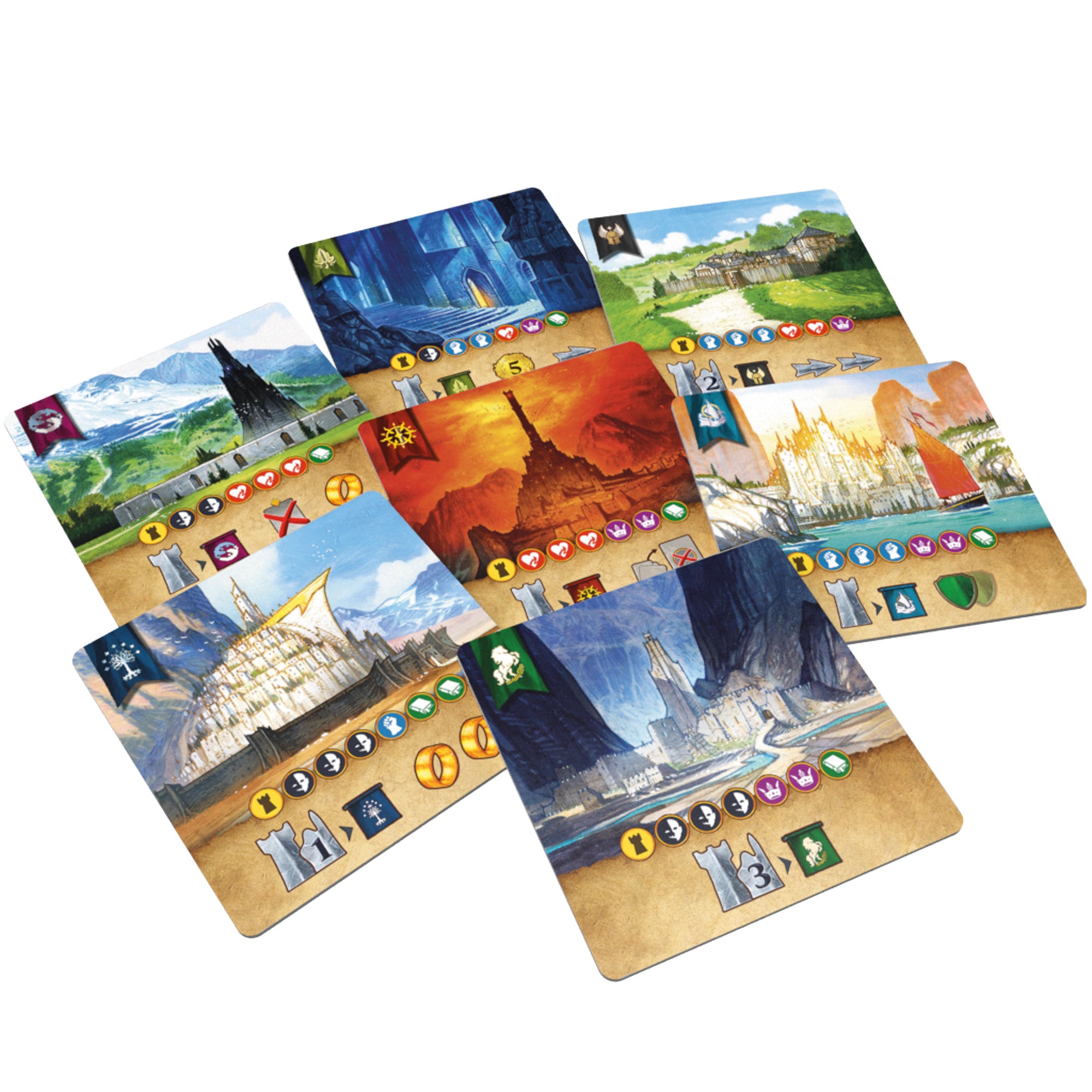 Duel for Middle-earth chapter cards arranged in a fan