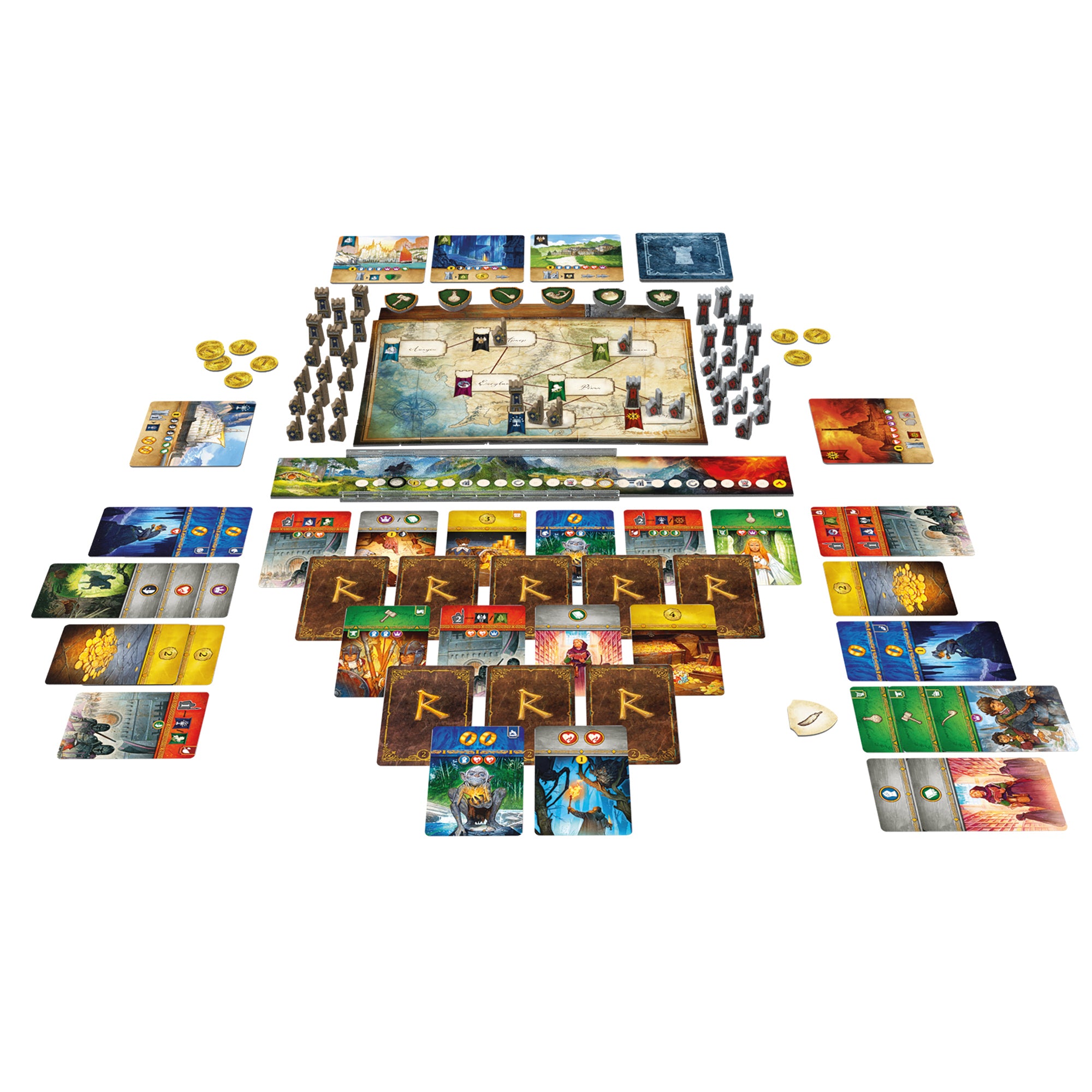 Top-down Duel for Middle-earth board, cards, tokens, pawns, and tracks