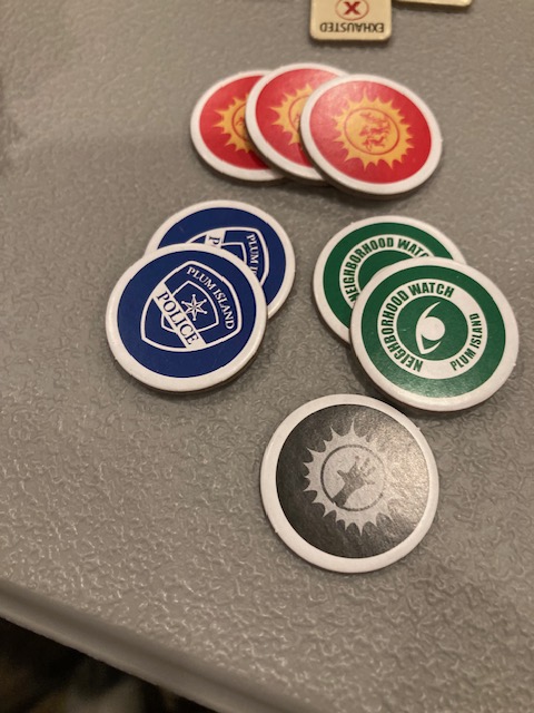 Plum Island Horror activation cubes and faction setup