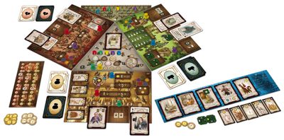 The Prodigals Club boards cards and player components arranged for play