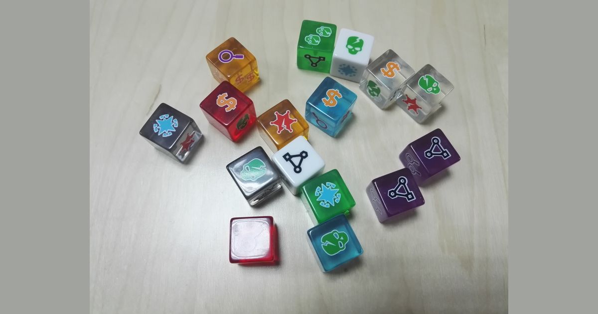 Colored custom dice from The Reckoners board game
