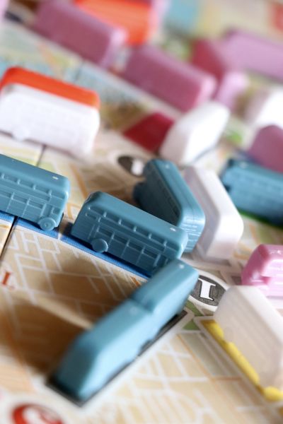Ticket to Ride London game in progress with colored buses