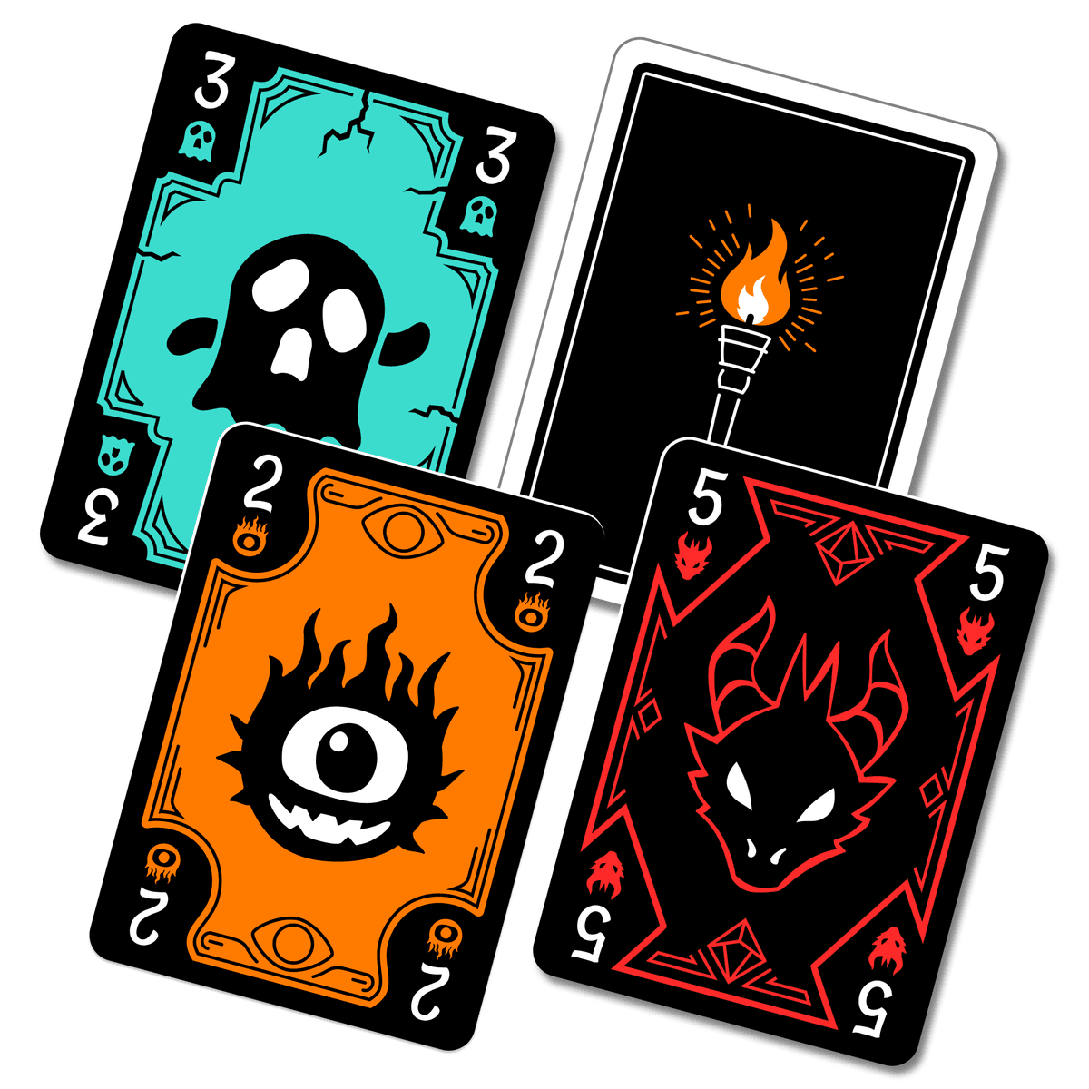 Torchlit cards and score area on a table