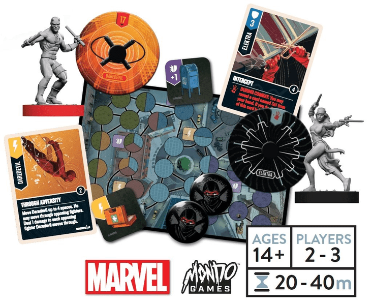 Daredevil and Elektra miniatures on the Unmatched Hells Kitchen map