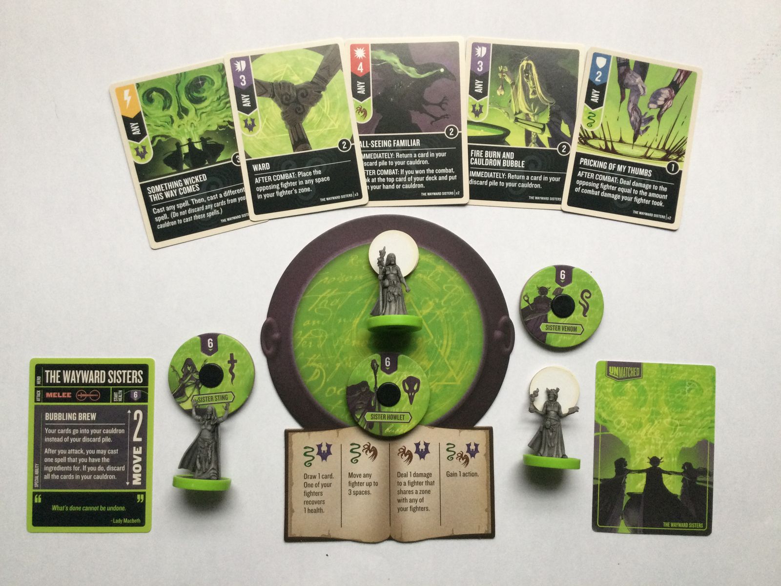 Unmatched Wayward Sisters components and cards