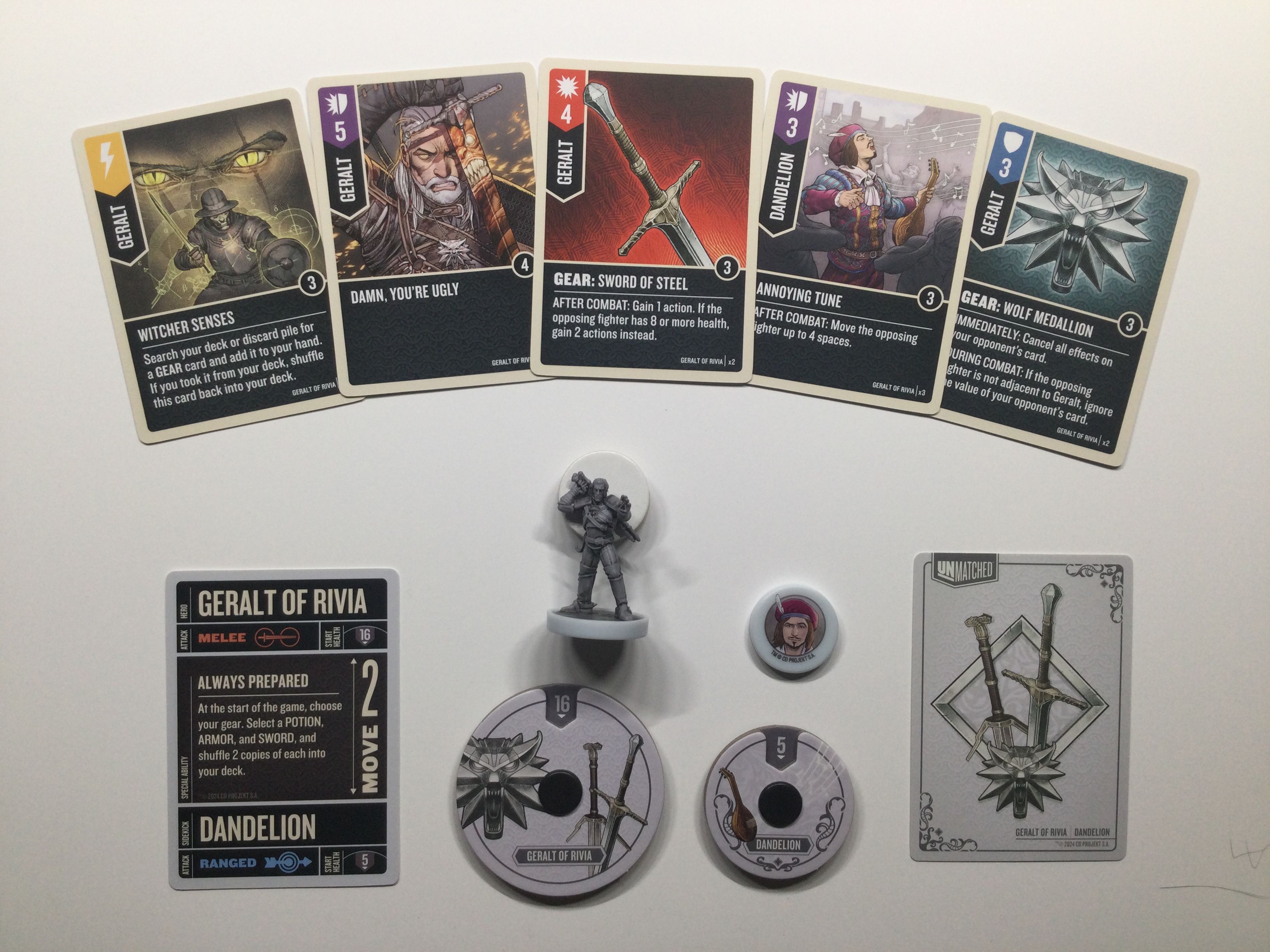 Unmatched Witcher Geralt of Rivia components and cards