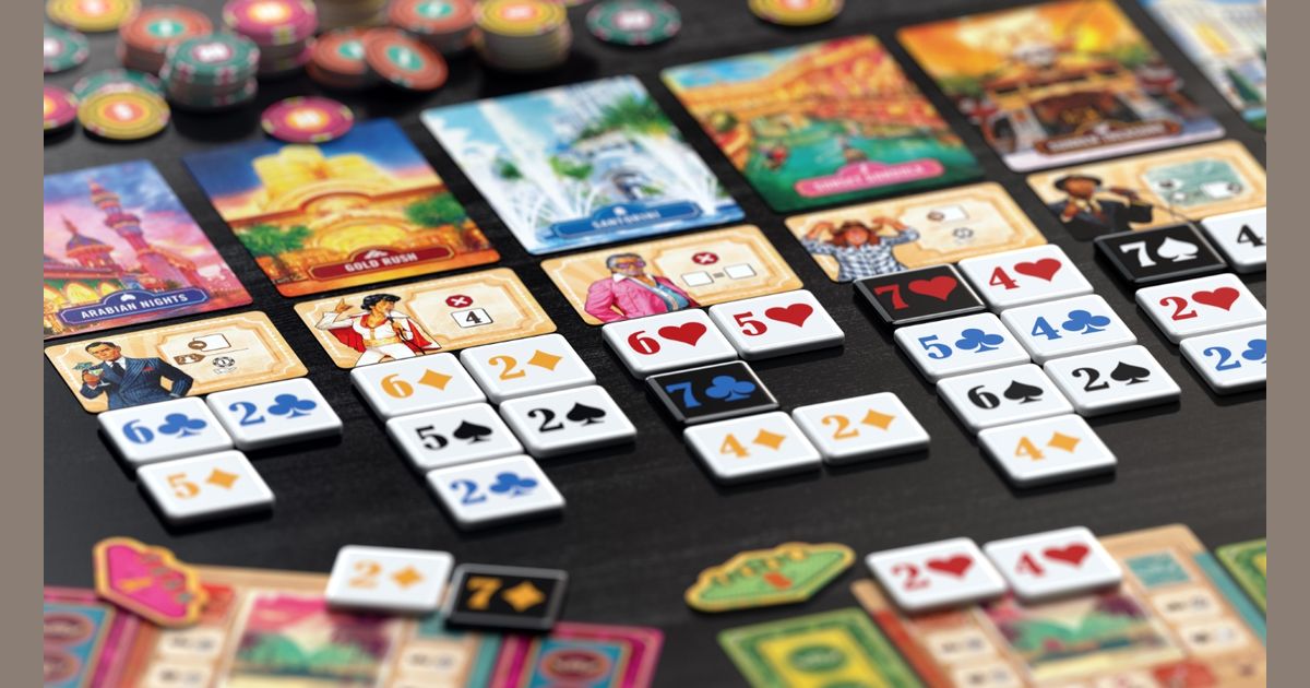 Vegas Strip game in progress with money tiles on casinos