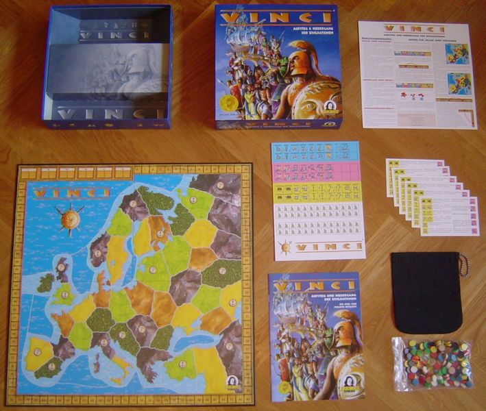 Vinci wooden pieces civilization tiles and scoring components