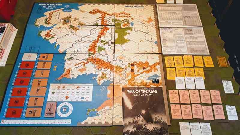 War of the Ring 1977 game map and counters set up on a table
