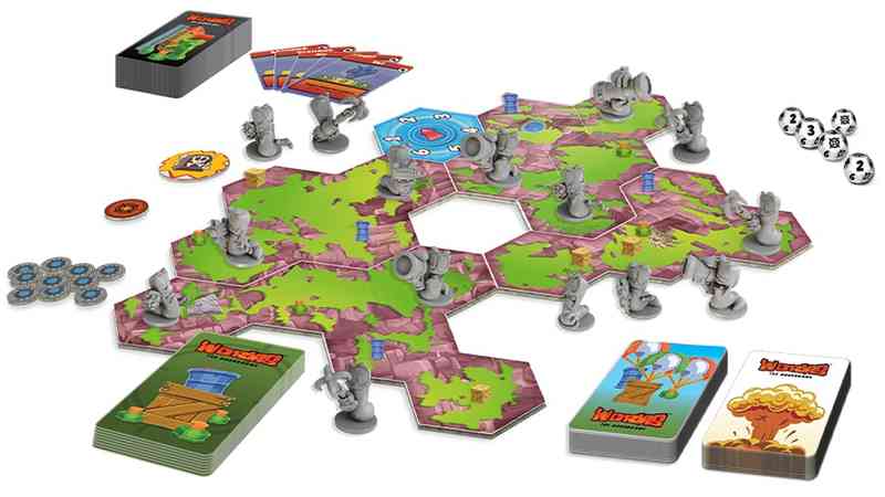 Worms The Board Game battlefield set up for play