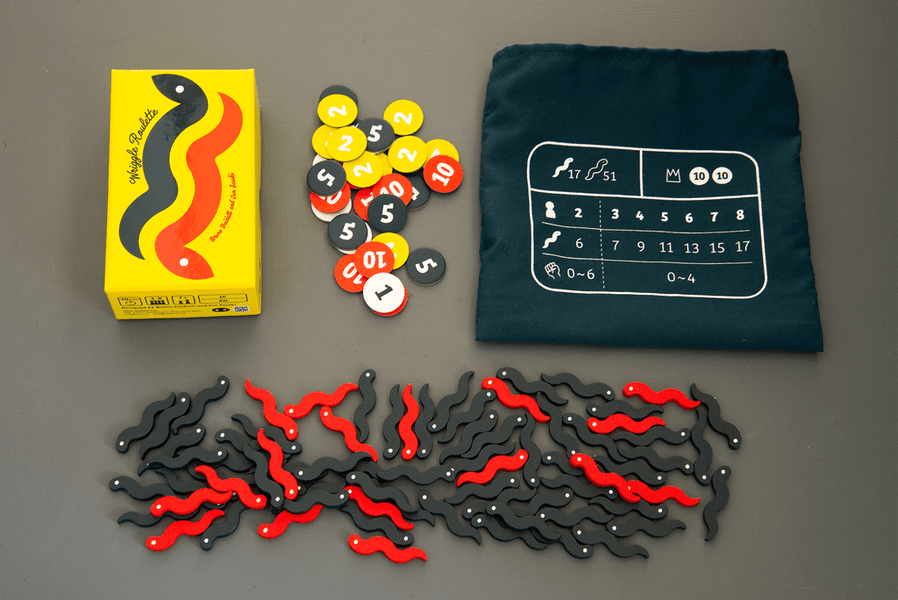 Wriggle Roulette bag and wooden game pieces