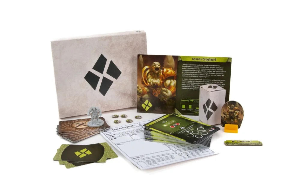 Gloomhaven character mat, miniature, ability cards, tokens, sheet, and tuck box