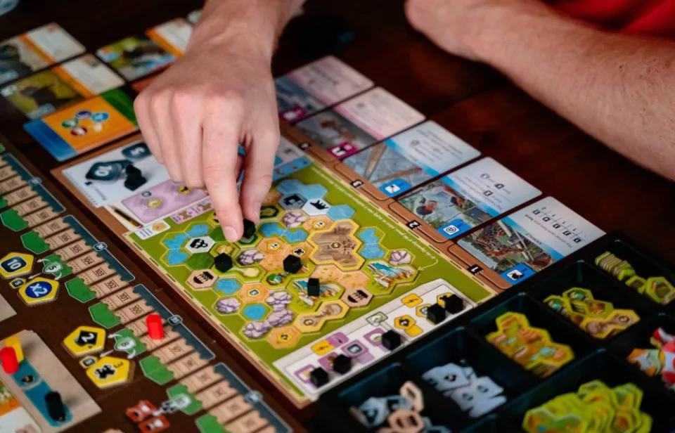 Ark Nova player zoo map with animal cards, enclosure tiles, and action cards