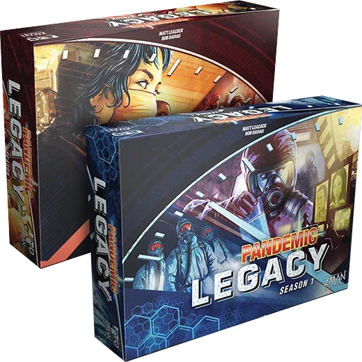 Blue and red Pandemic Legacy Season 1 game boxes shown together