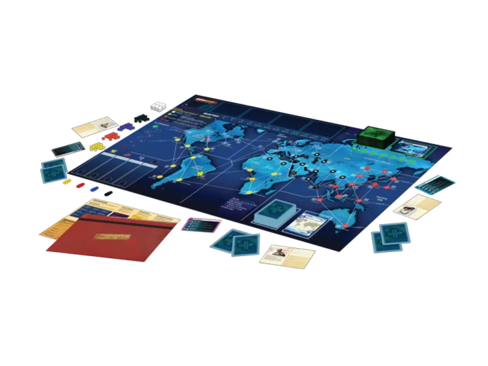 Pandemic Legacy Season 1 board with player pieces, card decks, and campaign materials arranged around it