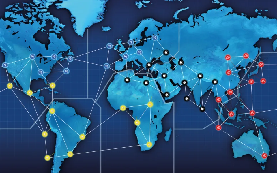 Pandemic Legacy Season 1 world map board with coloured city markers and connection lines