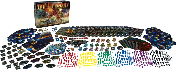 Twilight Imperium Fourth Edition components, miniatures, cards, and map tiles spread out with the box