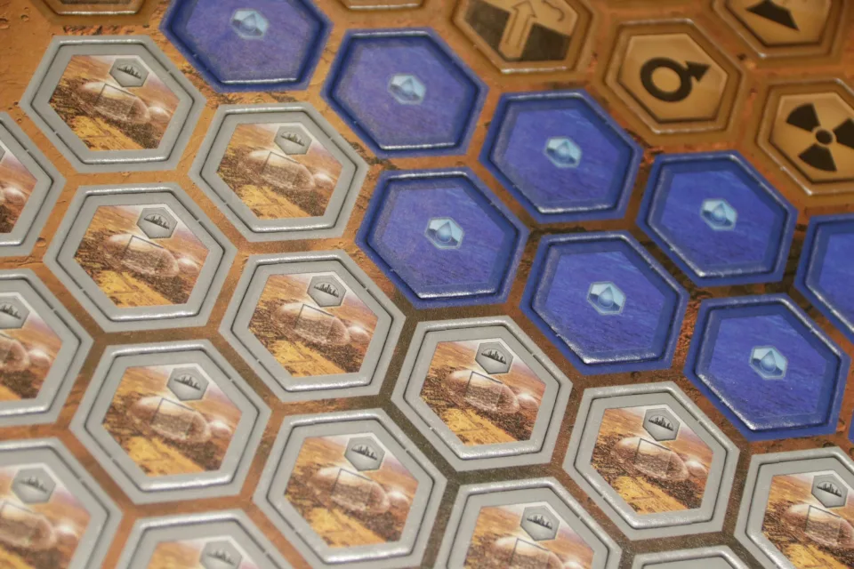 Terraforming Mars ocean, city, greenery, and global parameter board components