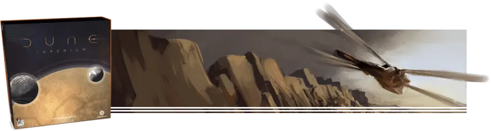 Dune Imperium retail game box beside desert artwork