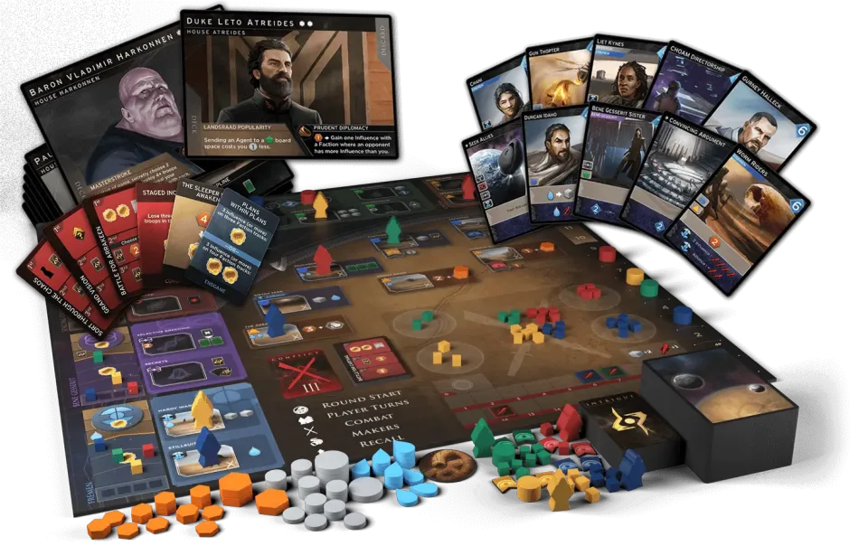 Dune Imperium board game setup with leaders, cards, player boards, tokens, and wooden pieces