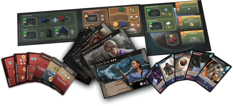 Dune Imperium board with worker spaces, leader cards, Intrigue cards, and Imperium cards