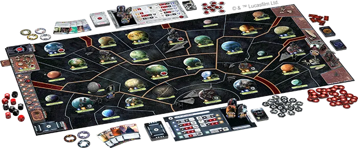 Star Wars Rebellion galaxy board with faction boards, cards, dice, and miniatures in a full game setup