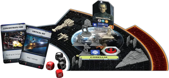 Star Wars Rebellion combat area with tactics cards, leader, dice, miniatures, and Corellia system