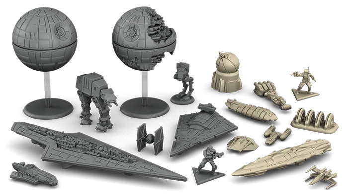 Star Wars Rebellion plastic miniatures including Death Star, Star Destroyer, fighters, walkers, and troops