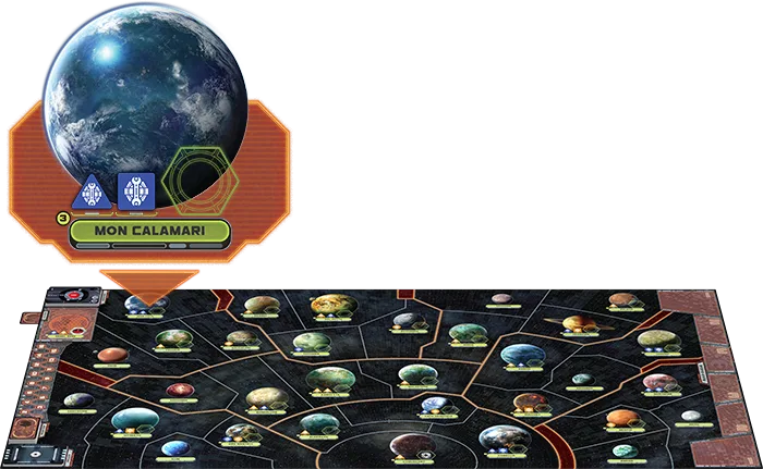 Star Wars Rebellion galaxy board showing connected star systems and a Mon Calamari planet marker